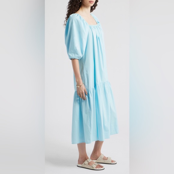 NORDSTROM SQUARE NECK PUFF SLEEVE COTTON MIDI DRESS WOMENS BLUE COLOR SIZE S/M - Picture 6 of 10